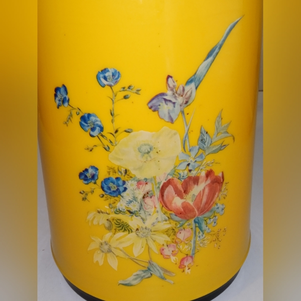 Vintage Japanese Yellow Thermo Pitcher with Floral Accents And Spindle Bottom.